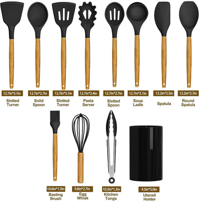Premium Silicone Cooking Utensils Set with Wooden Handles - Heat Resistant Up to 446°F, BPA Free, Includes Holder for Non-Stick Cookware