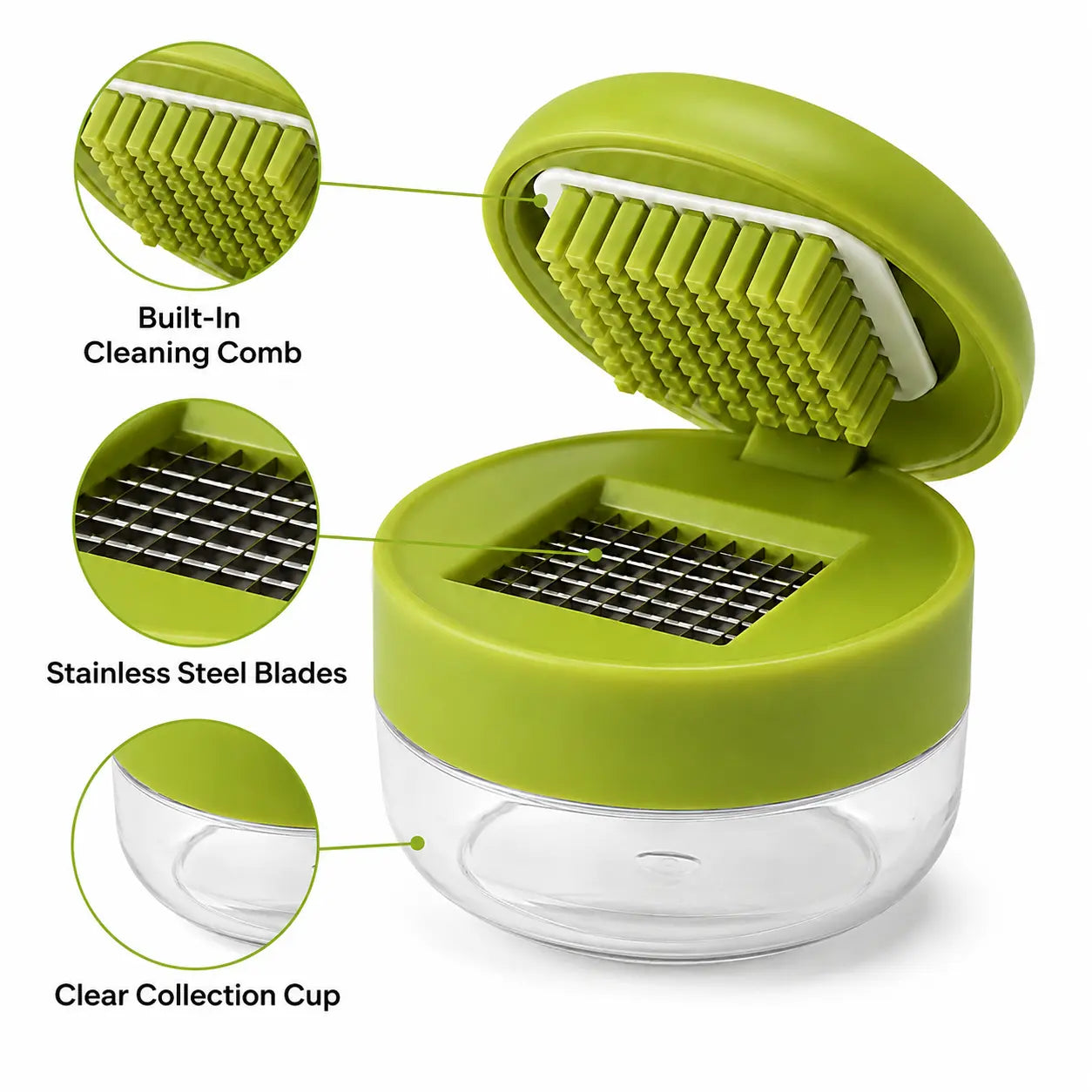 Mini Garlic Chopper with Stainless Steel Blades and Clear Collection Cup - Compact Manual Food Mincer for Garlic, Ginger, Onion, and Chili, Easy-Press Kitchen Tool in Green