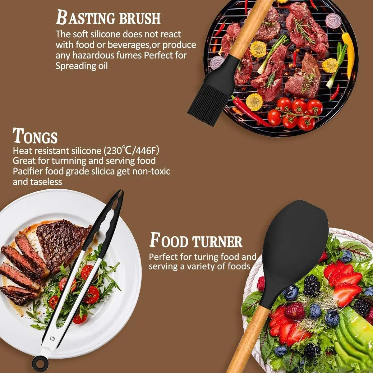 Premium Silicone Cooking Utensils Set with Wooden Handles - Heat Resistant Up to 446°F, BPA Free, Includes Holder for Non-Stick Cookware
