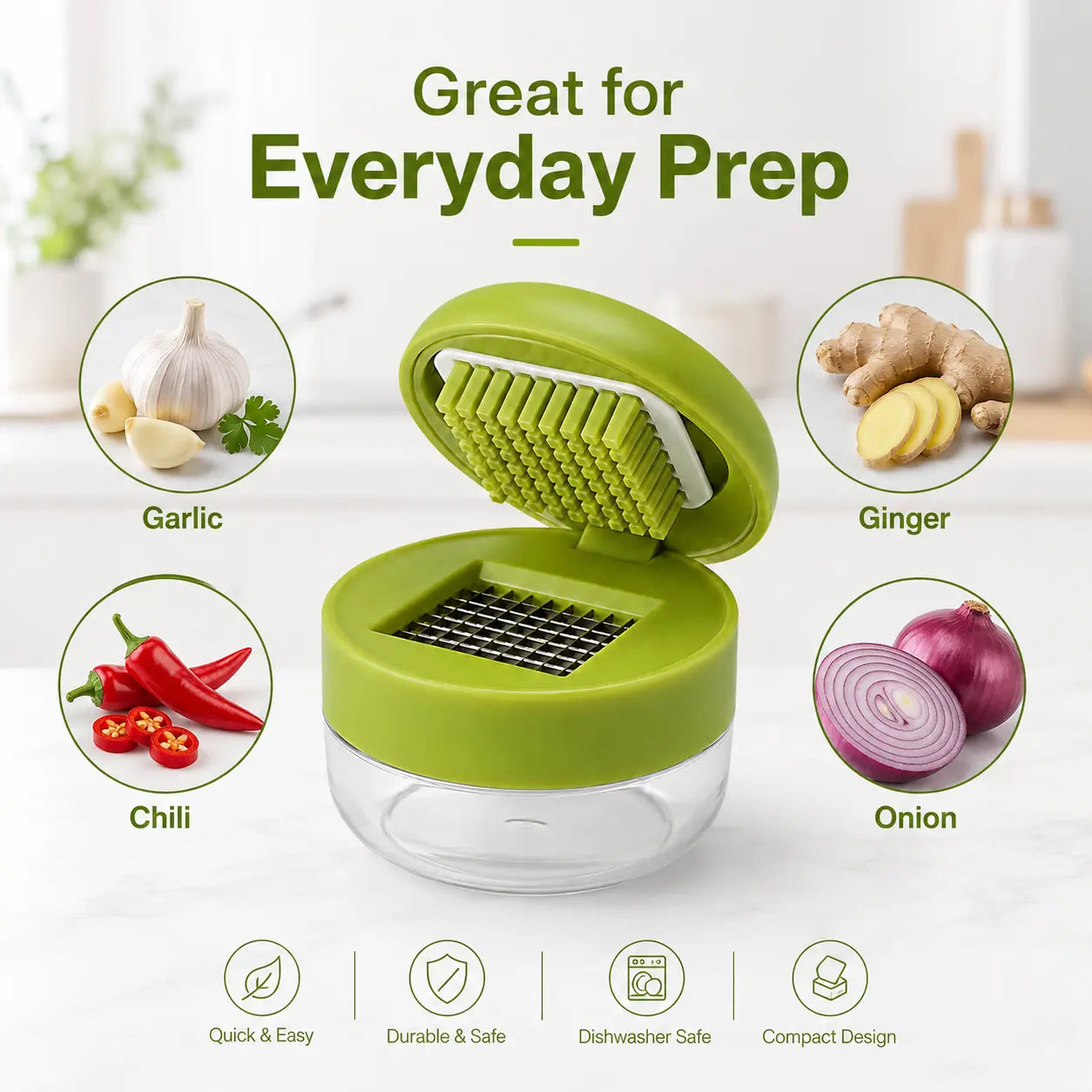 Mini Garlic Chopper with Stainless Steel Blades and Clear Collection Cup - Compact Manual Food Mincer for Garlic, Ginger, Onion, and Chili, Easy-Press Kitchen Tool in Green