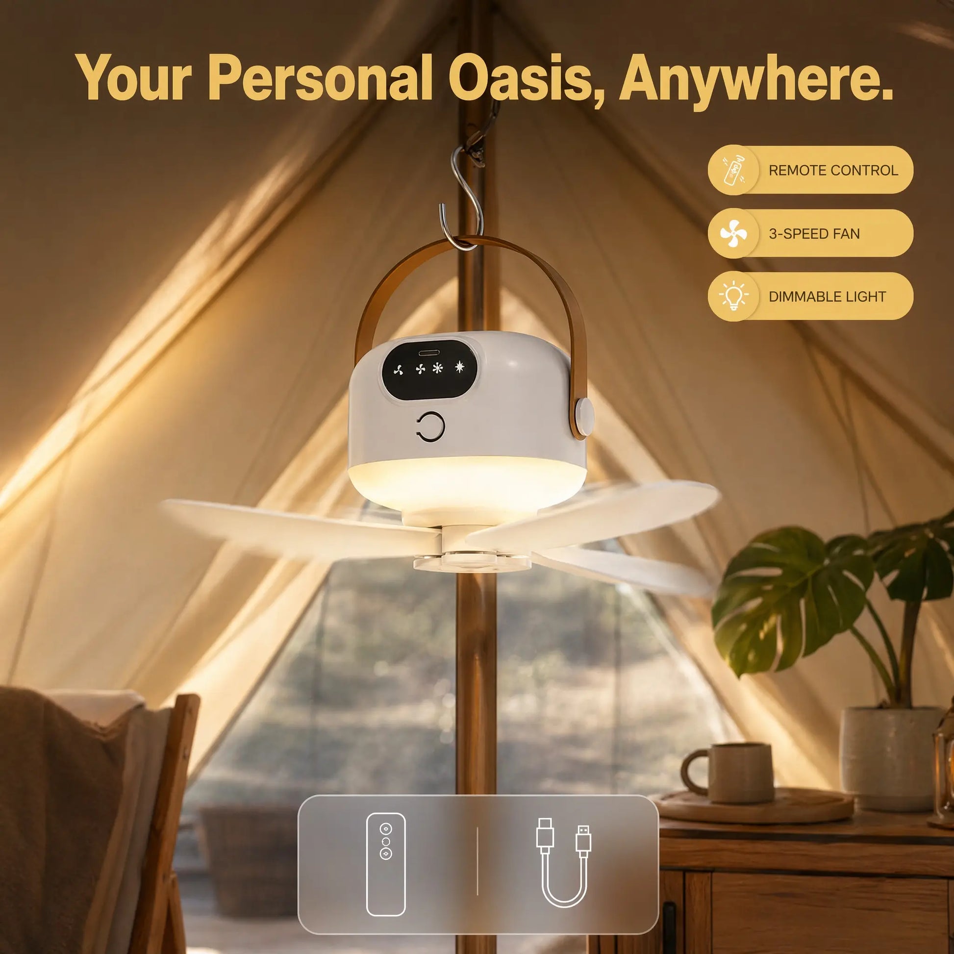 2-in-1 Portable LED Hanging Camping Fan | Rechargeable Quiet Tent Fan with Remote Control, Extended Runtime, 3 Speed Settings, Foldable Design for Outdoor Use, Tents, Patios, Dormitories, and Bedrooms