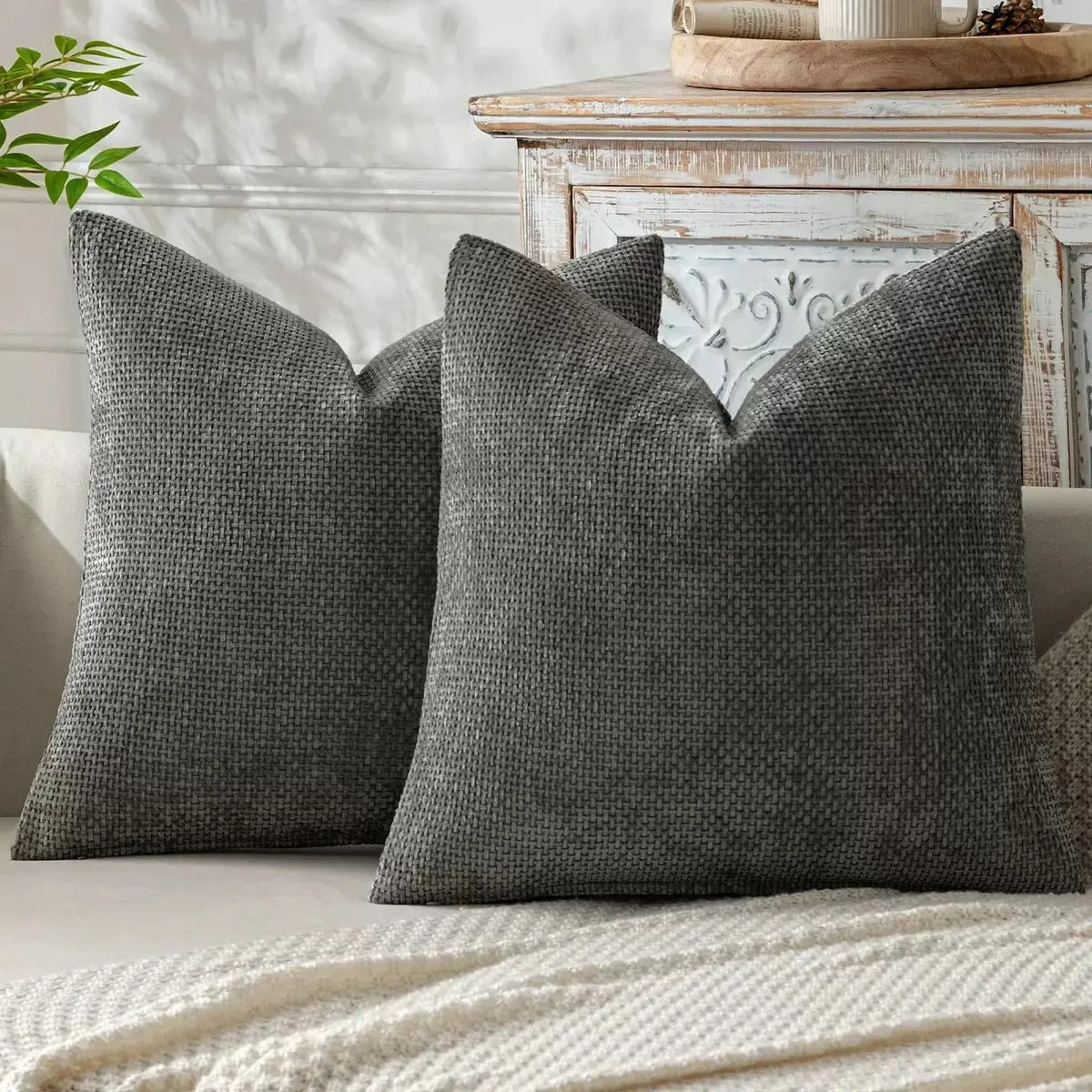 2 Pack 18*18In Linen Throw Pillow Covers, Soft Neutral Square Decorative Cushion Cases, Solid Beige off White Camel Gray, Farmhouse Sofa Couch Bedroom Decor Pillowcases without Inserts