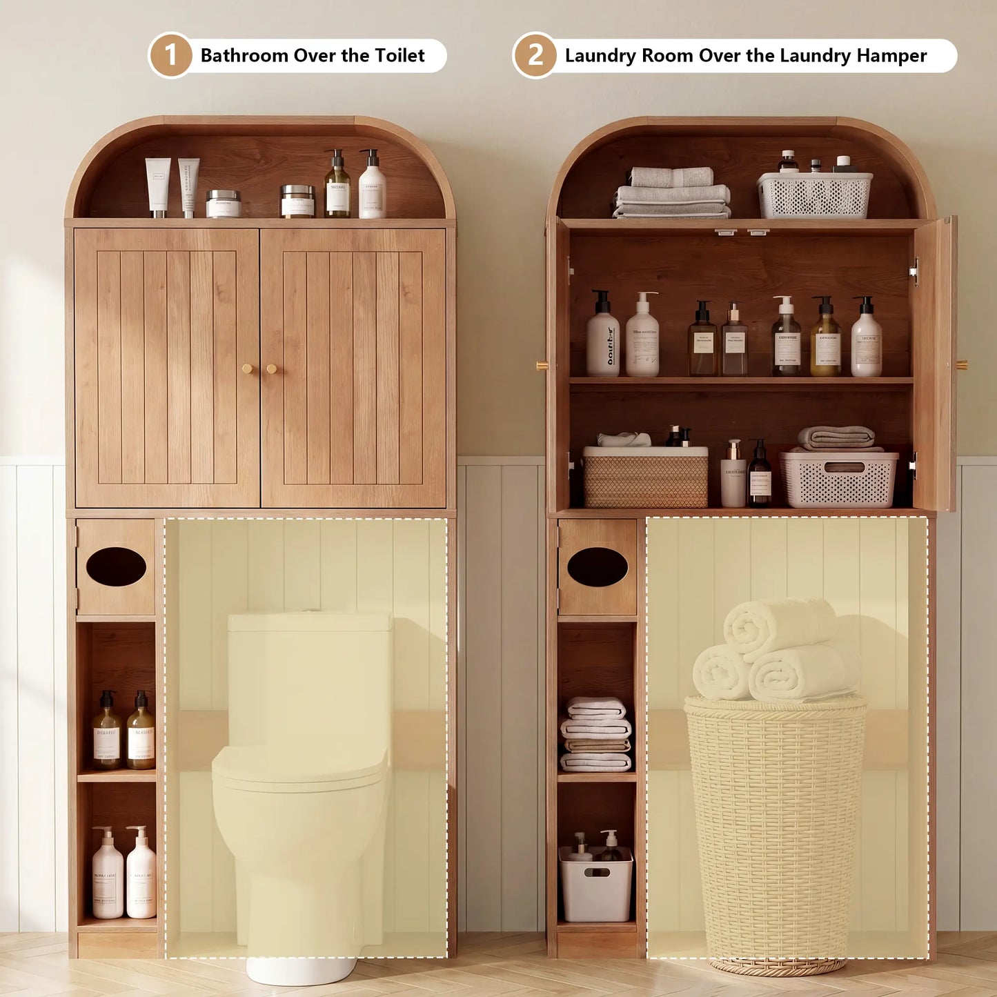 Giratree Arched over the Toilet Storage Cabinet - 67" Tall Bathroom above Toilet Organizer with Vertical Grooved Doors & Tissue Drawer - Freestanding Space Saver Rack, Anti-Toppling