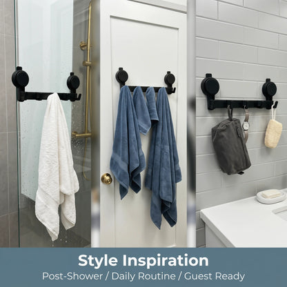 No-Drill 5-Hook Suction Lock Bars Bathroom Towel Rack, Renters-Friendly Damage-Free Shower Wall Hanger, Heavy-Duty Waterproof Rustproof Vacuum Grip Organizer for Towels/Robes on Smooth Tile/Glass Surfaces