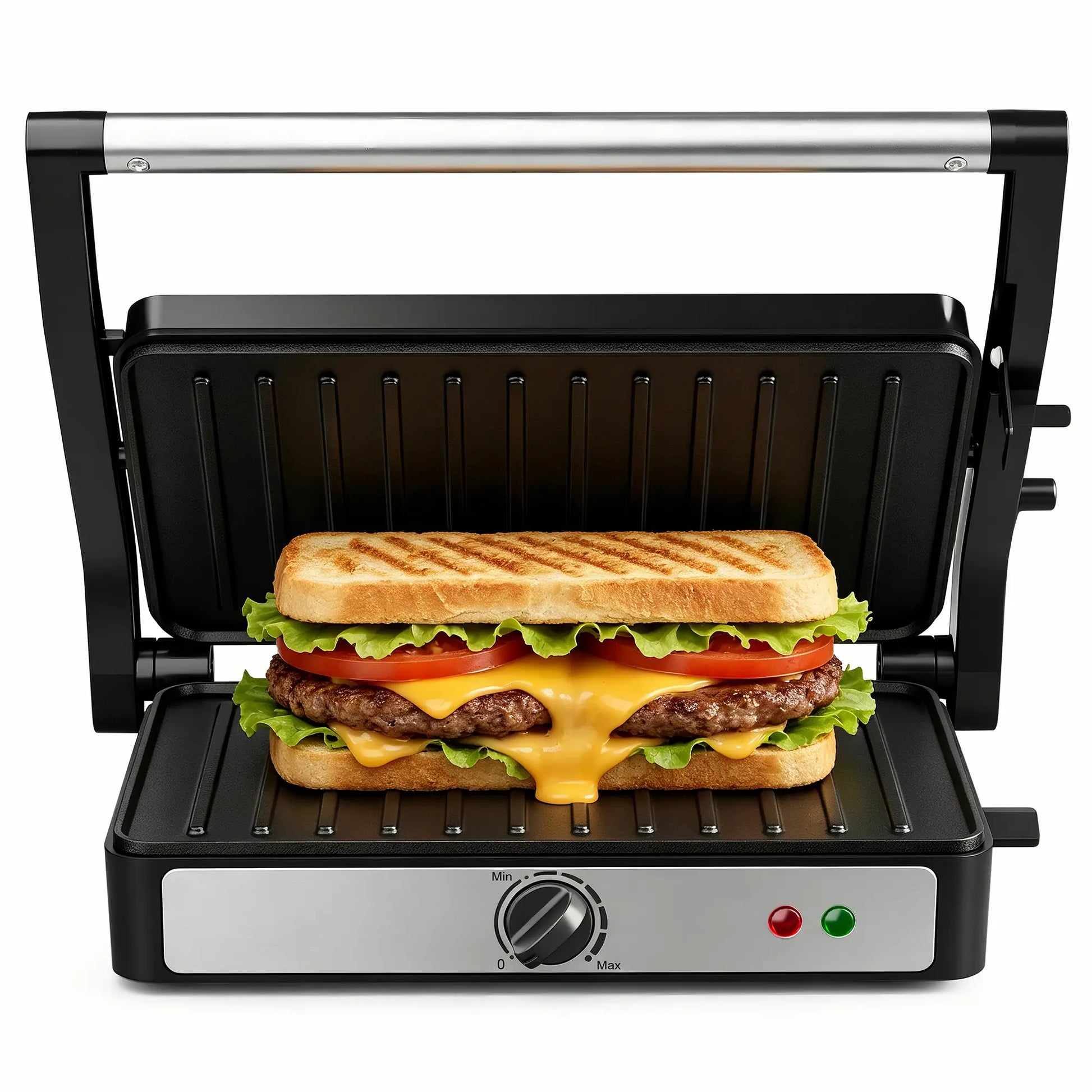 KEINVE Compact Electric Panini Press Grill and Sandwich Maker, 900W Rapid Heating with Adjustable Temperature Control, Non-Stick Double-Sided Griddle, 9.2 x 5.8 Inches Plates for Even Cooking of Steaks and Burgers