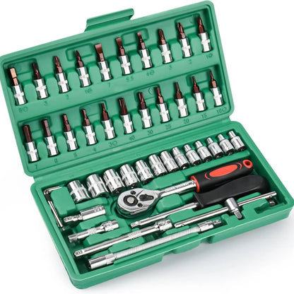 46PCS 1/4 Inch Metric Socket Wrench Set - Premium Ratchet Set with Quick-Release Ratchet & Extension Bar, Compact Storage Case, Ideal for Auto Repair & Home DIY
