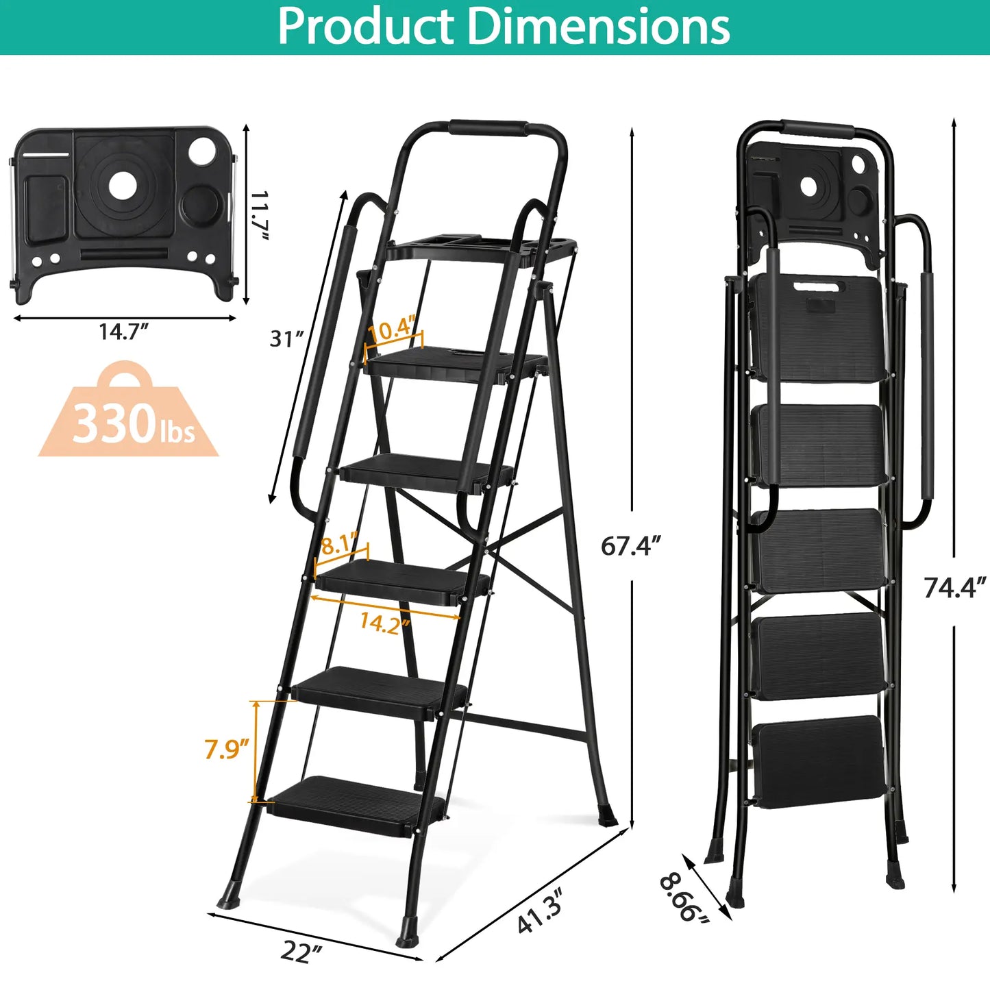 5/4/3 Step Ladder Folding Steel Step Stoo W/Non-Slip Wide Pedal and Tool Tray,Summerwins