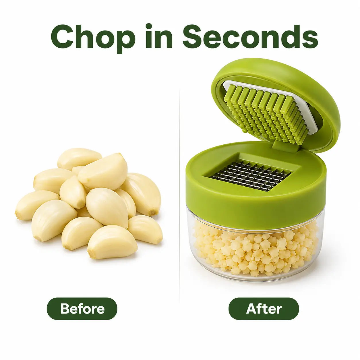 Mini Garlic Chopper with Stainless Steel Blades and Clear Collection Cup - Compact Manual Food Mincer for Garlic, Ginger, Onion, and Chili, Easy-Press Kitchen Tool in Green