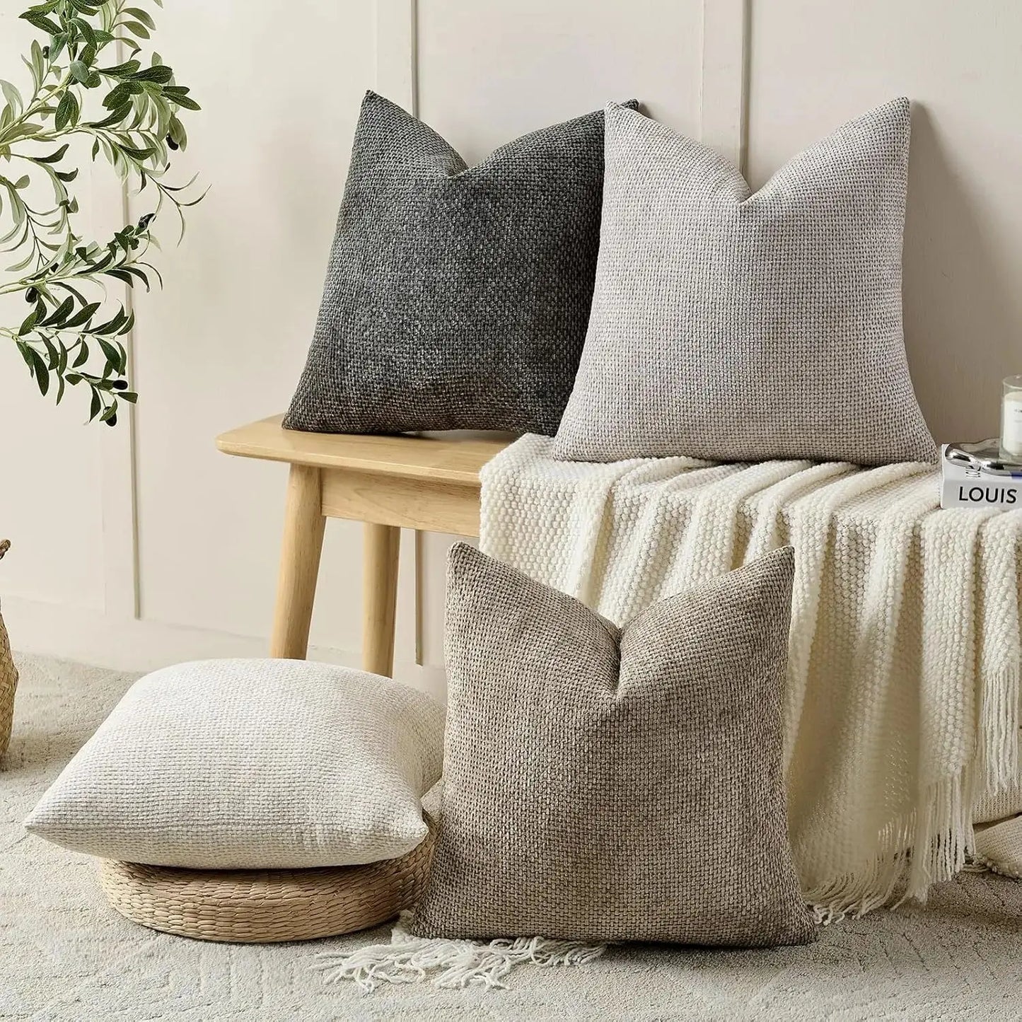 2 Pack 18*18In Linen Throw Pillow Covers, Soft Neutral Square Decorative Cushion Cases, Solid Beige off White Camel Gray, Farmhouse Sofa Couch Bedroom Decor Pillowcases without Inserts