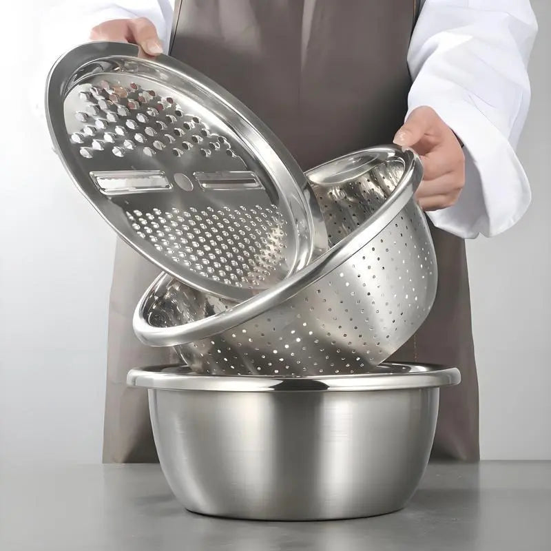 Multifunctional 3-in-1 Stainless Steel Cutting Machine and Strainer Set – Includes Basin, Sieve, and Cutter for Washing Rice, Fruits, and Vegetables – Essential Kitchen Tools