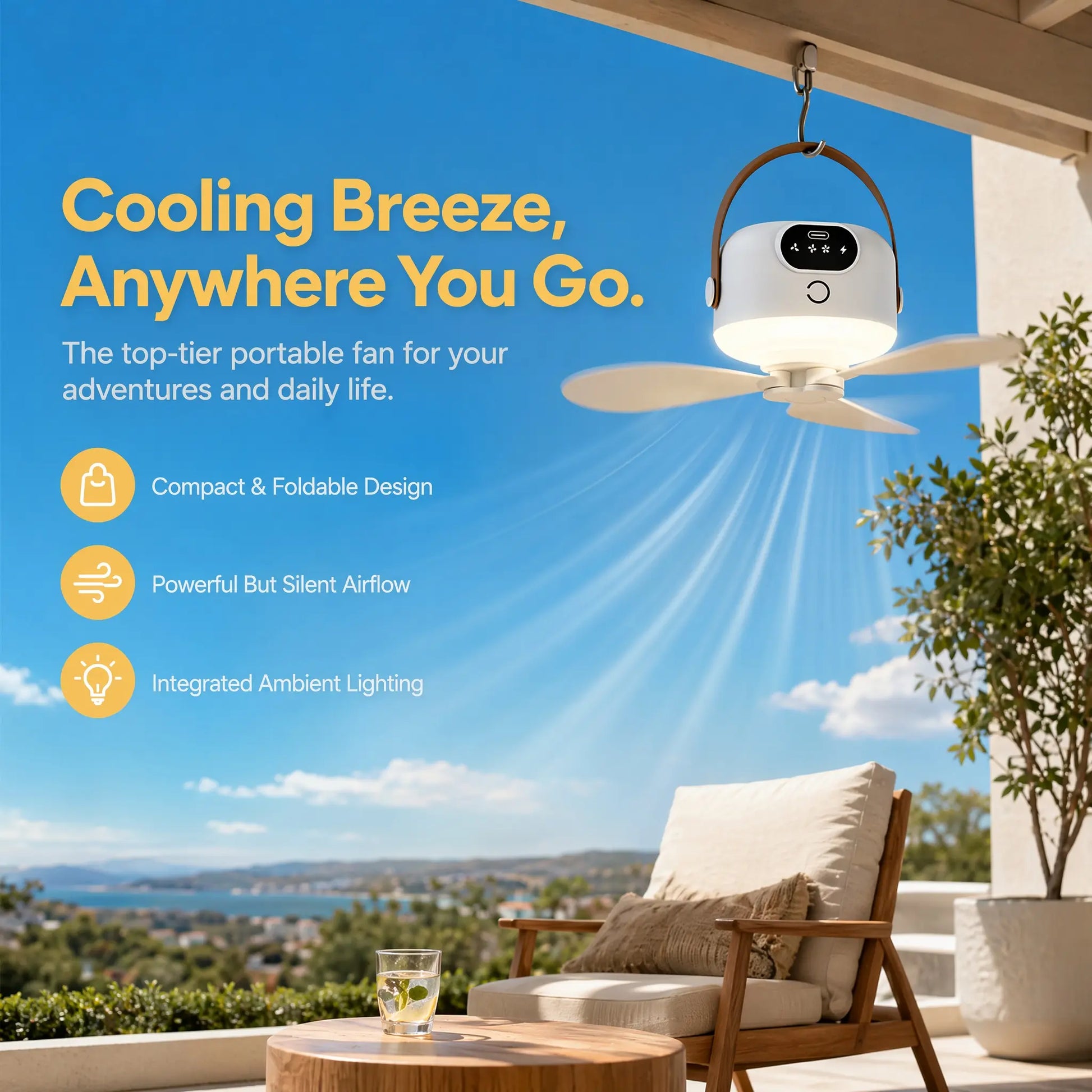 2-in-1 Portable LED Hanging Camping Fan | Rechargeable Quiet Tent Fan with Remote Control, Extended Runtime, 3 Speed Settings, Foldable Design for Outdoor Use, Tents, Patios, Dormitories, and Bedrooms