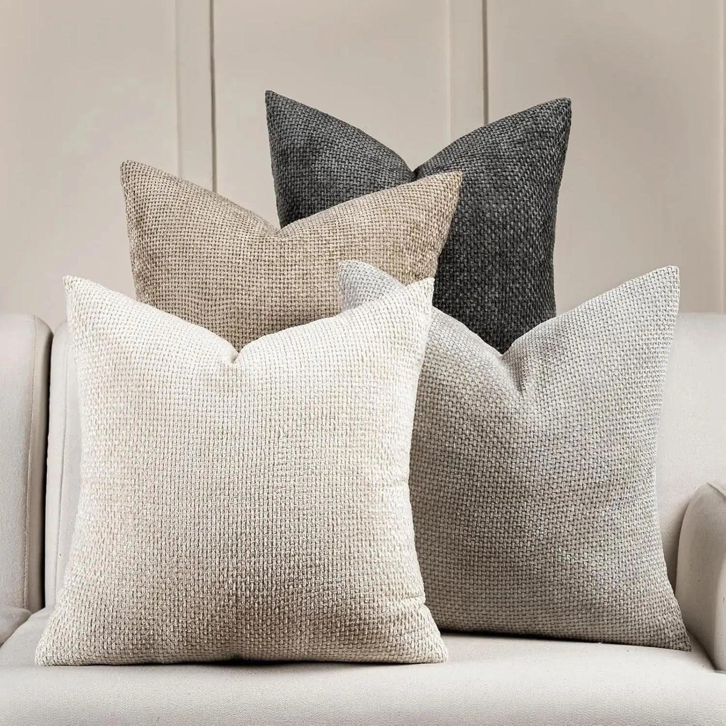 2 Pack 18*18In Linen Throw Pillow Covers, Soft Neutral Square Decorative Cushion Cases, Solid Beige off White Camel Gray, Farmhouse Sofa Couch Bedroom Decor Pillowcases without Inserts
