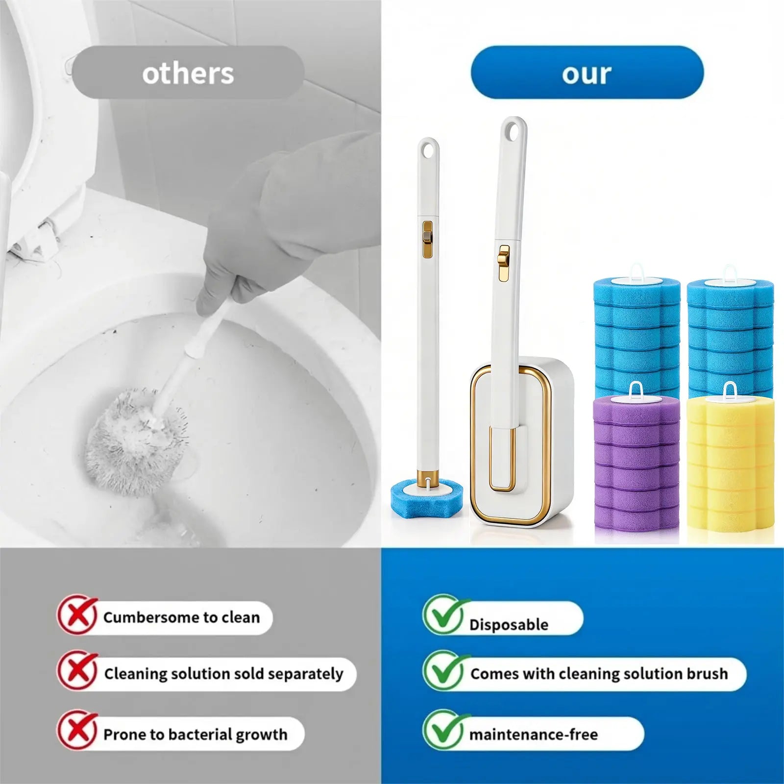 Disposable Toilet Brush, Portable Wall-Mount Wand Set, 24PCS Cleaner Refills, Versatile Scrub Tool for Toilet, Basin, Bathtub & Urinal, Daily Household Cleaning Supplies