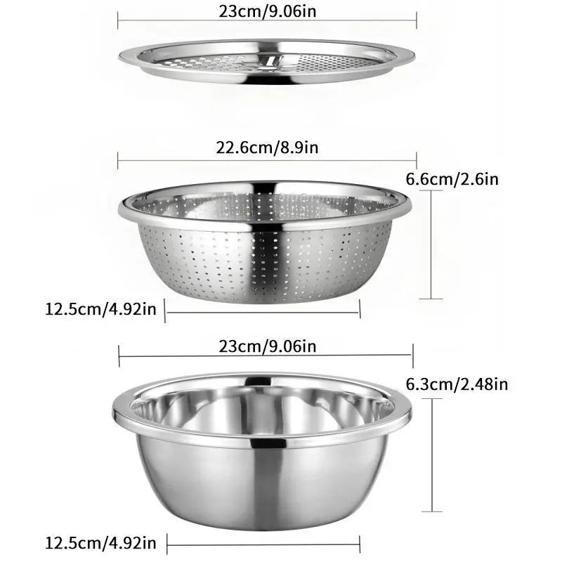 Multifunctional 3-in-1 Stainless Steel Cutting Machine and Strainer Set – Includes Basin, Sieve, and Cutter for Washing Rice, Fruits, and Vegetables – Essential Kitchen Tools