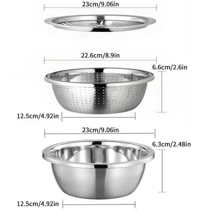 Multifunctional 3-in-1 Stainless Steel Cutting Machine and Strainer Set – Includes Basin, Sieve, and Cutter for Washing Rice, Fruits, and Vegetables – Essential Kitchen Tools