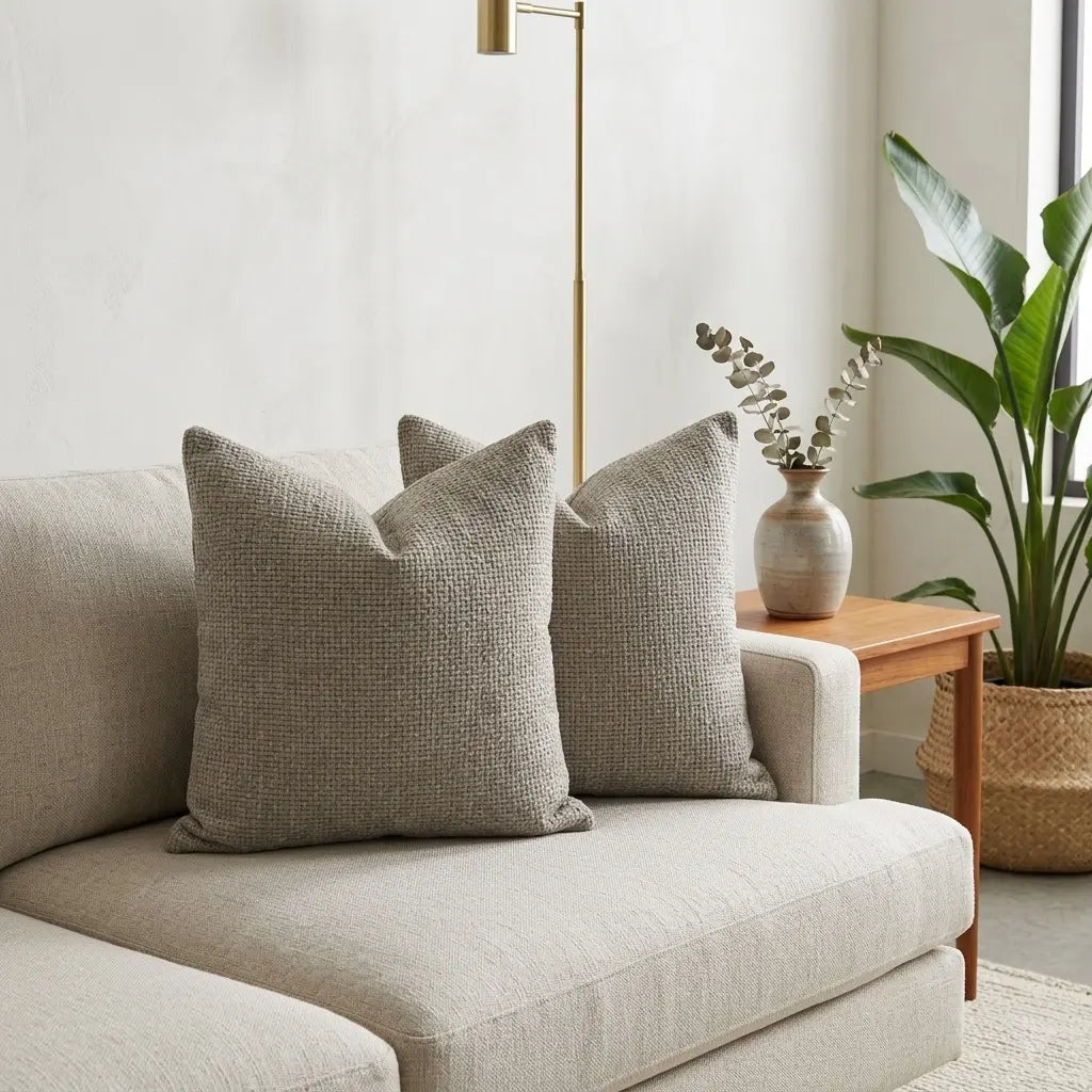 2 Pack 18*18In Linen Throw Pillow Covers, Soft Neutral Square Decorative Cushion Cases, Solid Beige off White Camel Gray, Farmhouse Sofa Couch Bedroom Decor Pillowcases without Inserts
