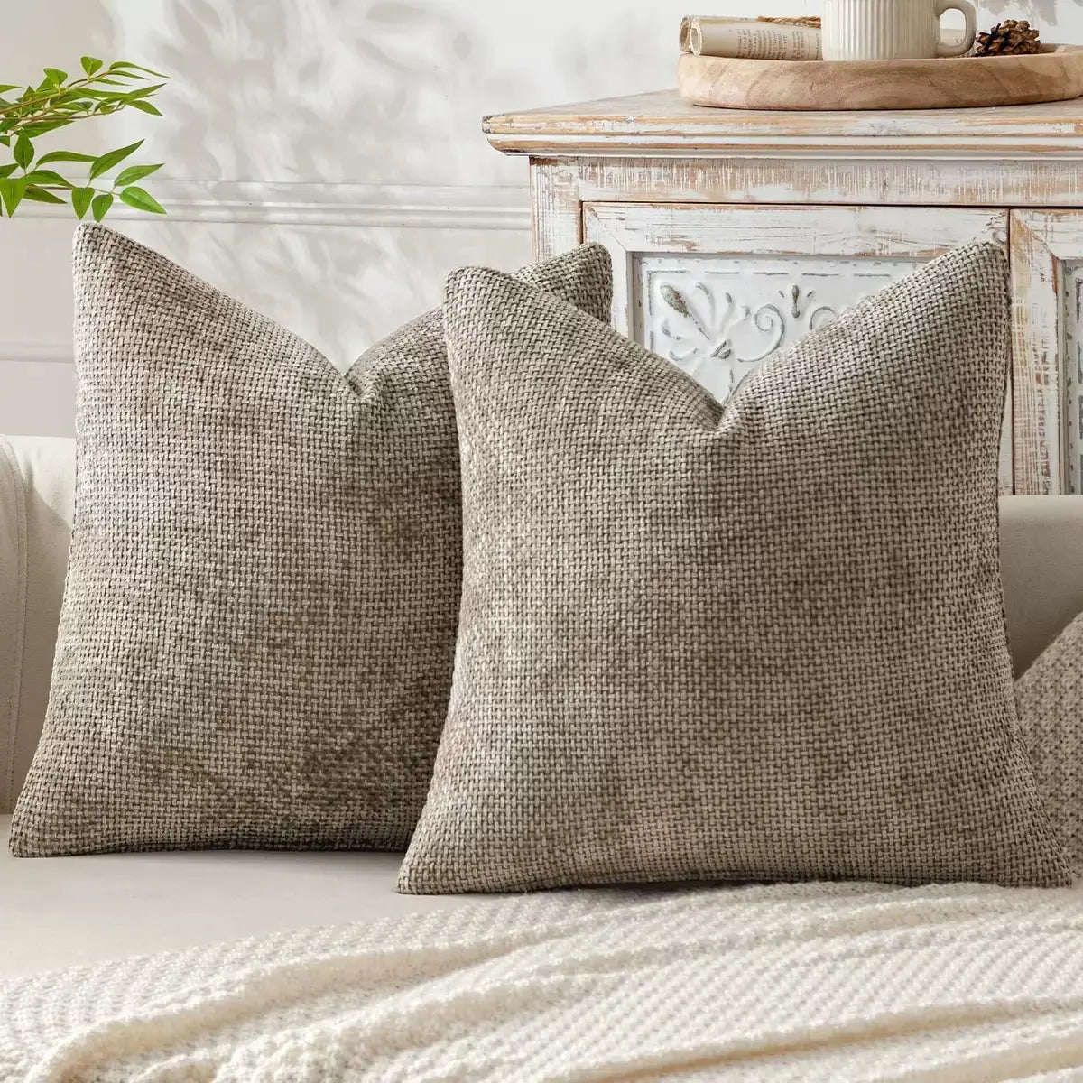 2 Pack 18*18In Linen Throw Pillow Covers, Soft Neutral Square Decorative Cushion Cases, Solid Beige off White Camel Gray, Farmhouse Sofa Couch Bedroom Decor Pillowcases without Inserts