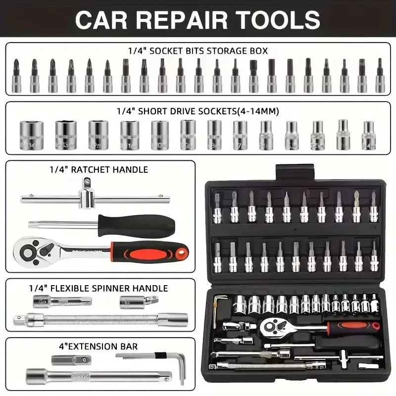 46PCS 1/4 Inch Metric Socket Wrench Set - Premium Ratchet Set with Quick-Release Ratchet & Extension Bar, Compact Storage Case, Ideal for Auto Repair & Home DIY