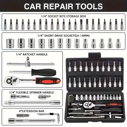 46PCS 1/4 Inch Metric Socket Wrench Set - Premium Ratchet Set with Quick-Release Ratchet & Extension Bar, Compact Storage Case, Ideal for Auto Repair & Home DIY