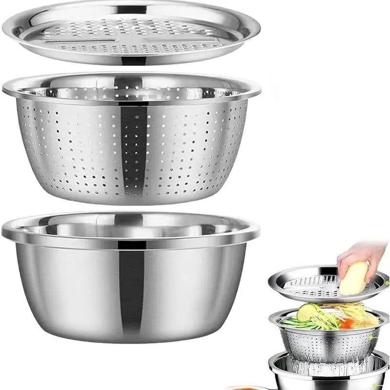 Multifunctional 3-in-1 Stainless Steel Cutting Machine and Strainer Set – Includes Basin, Sieve, and Cutter for Washing Rice, Fruits, and Vegetables – Essential Kitchen Tools