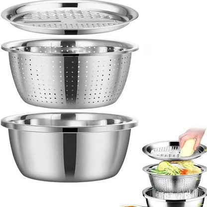 Multifunctional 3-in-1 Stainless Steel Cutting Machine and Strainer Set – Includes Basin, Sieve, and Cutter for Washing Rice, Fruits, and Vegetables – Essential Kitchen Tools