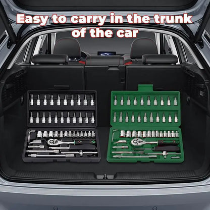 46PCS 1/4 Inch Metric Socket Wrench Set - Premium Ratchet Set with Quick-Release Ratchet & Extension Bar, Compact Storage Case, Ideal for Auto Repair & Home DIY
