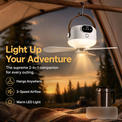 2-in-1 Portable LED Hanging Camping Fan | Rechargeable Quiet Tent Fan with Remote Control, Extended Runtime, 3 Speed Settings, Foldable Design for Outdoor Use, Tents, Patios, Dormitories, and Bedrooms