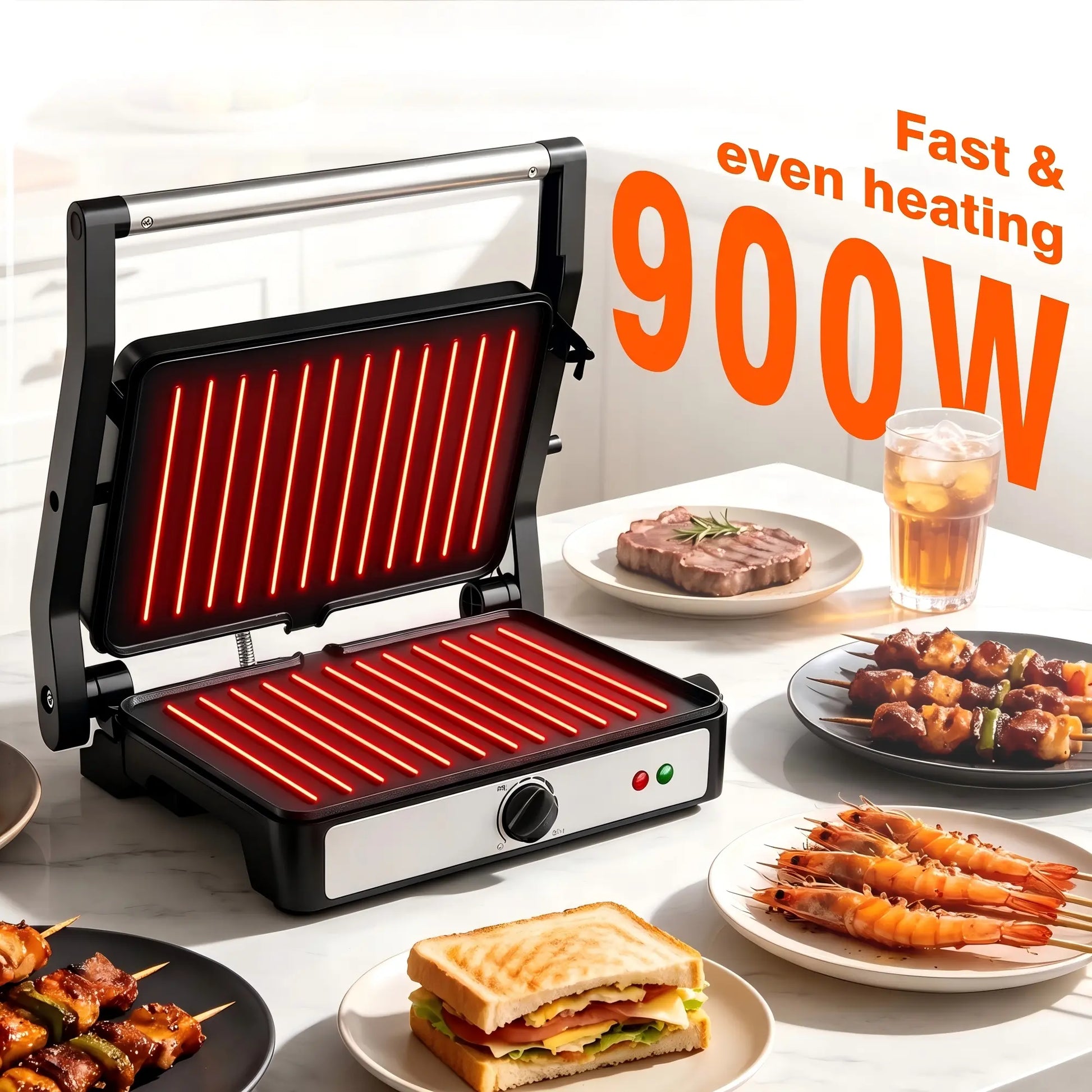 KEINVE Compact Electric Panini Press Grill and Sandwich Maker, 900W Rapid Heating with Adjustable Temperature Control, Non-Stick Double-Sided Griddle, 9.2 x 5.8 Inches Plates for Even Cooking of Steaks and Burgers