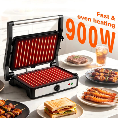 KEINVE Compact Electric Panini Press Grill and Sandwich Maker, 900W Rapid Heating with Adjustable Temperature Control, Non-Stick Double-Sided Griddle, 9.2 x 5.8 Inches Plates for Even Cooking of Steaks and Burgers
