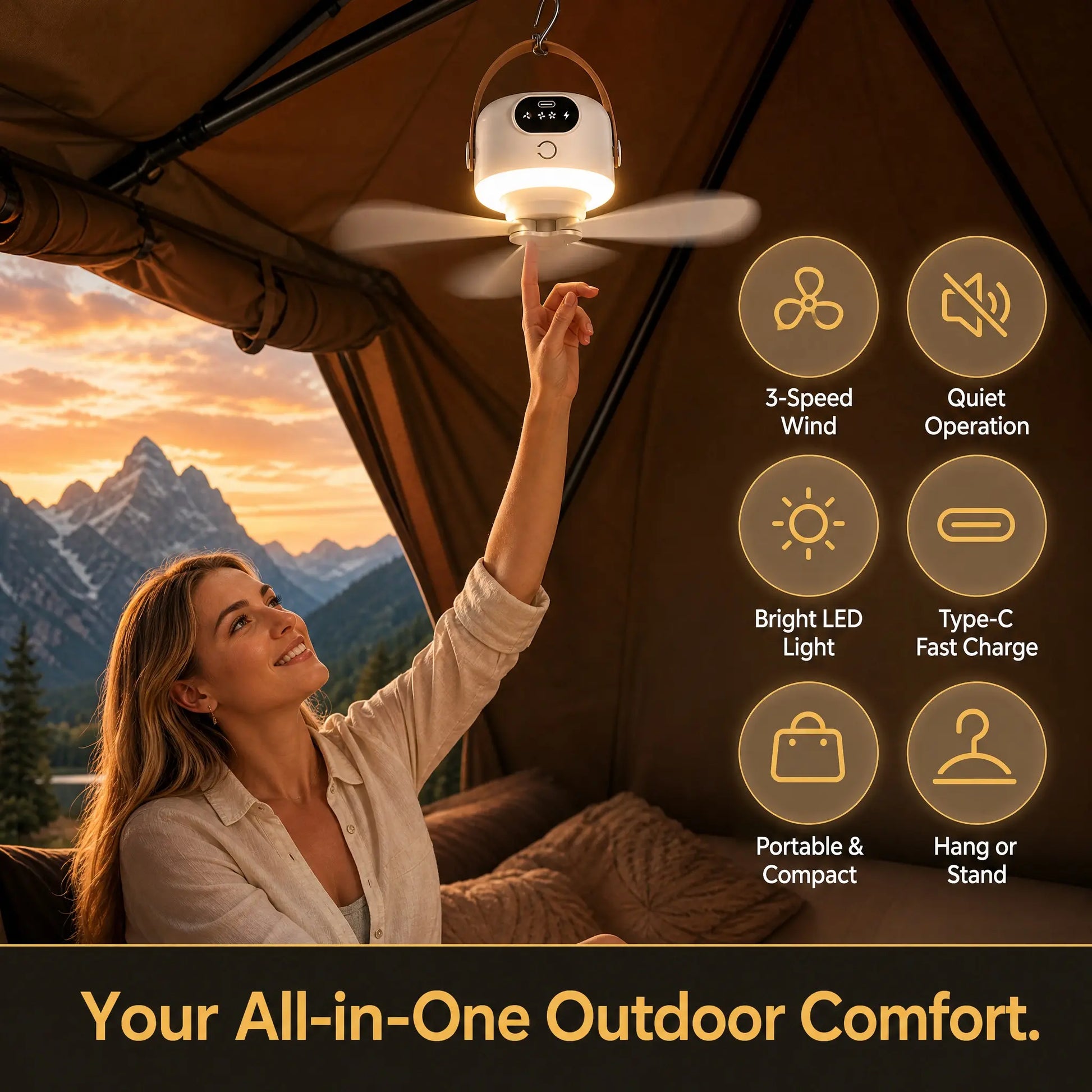 2-in-1 Portable LED Hanging Camping Fan | Rechargeable Quiet Tent Fan with Remote Control, Extended Runtime, 3 Speed Settings, Foldable Design for Outdoor Use, Tents, Patios, Dormitories, and Bedrooms