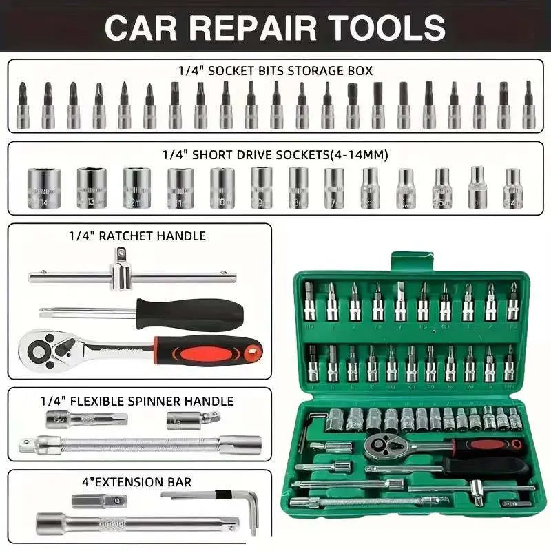 46PCS 1/4 Inch Metric Socket Wrench Set - Premium Ratchet Set with Quick-Release Ratchet & Extension Bar, Compact Storage Case, Ideal for Auto Repair & Home DIY