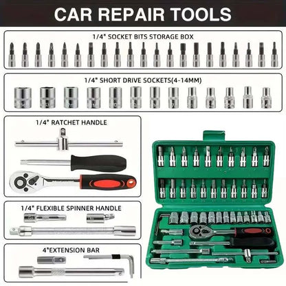 46PCS 1/4 Inch Metric Socket Wrench Set - Premium Ratchet Set with Quick-Release Ratchet & Extension Bar, Compact Storage Case, Ideal for Auto Repair & Home DIY