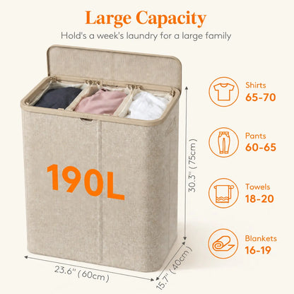 Lifewit Modern Large Laundry Hamper (110L/150L/170L/190L) with Lid, Plastic Handles & Removable Bag, Foldable Tall Basket for Laundry Room, Bedroom, Home Supplies, Laundry Hampers