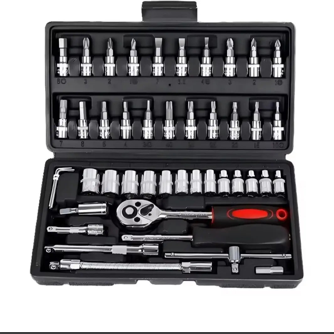 46PCS 1/4 Inch Metric Socket Wrench Set - Premium Ratchet Set with Quick-Release Ratchet & Extension Bar, Compact Storage Case, Ideal for Auto Repair & Home DIY