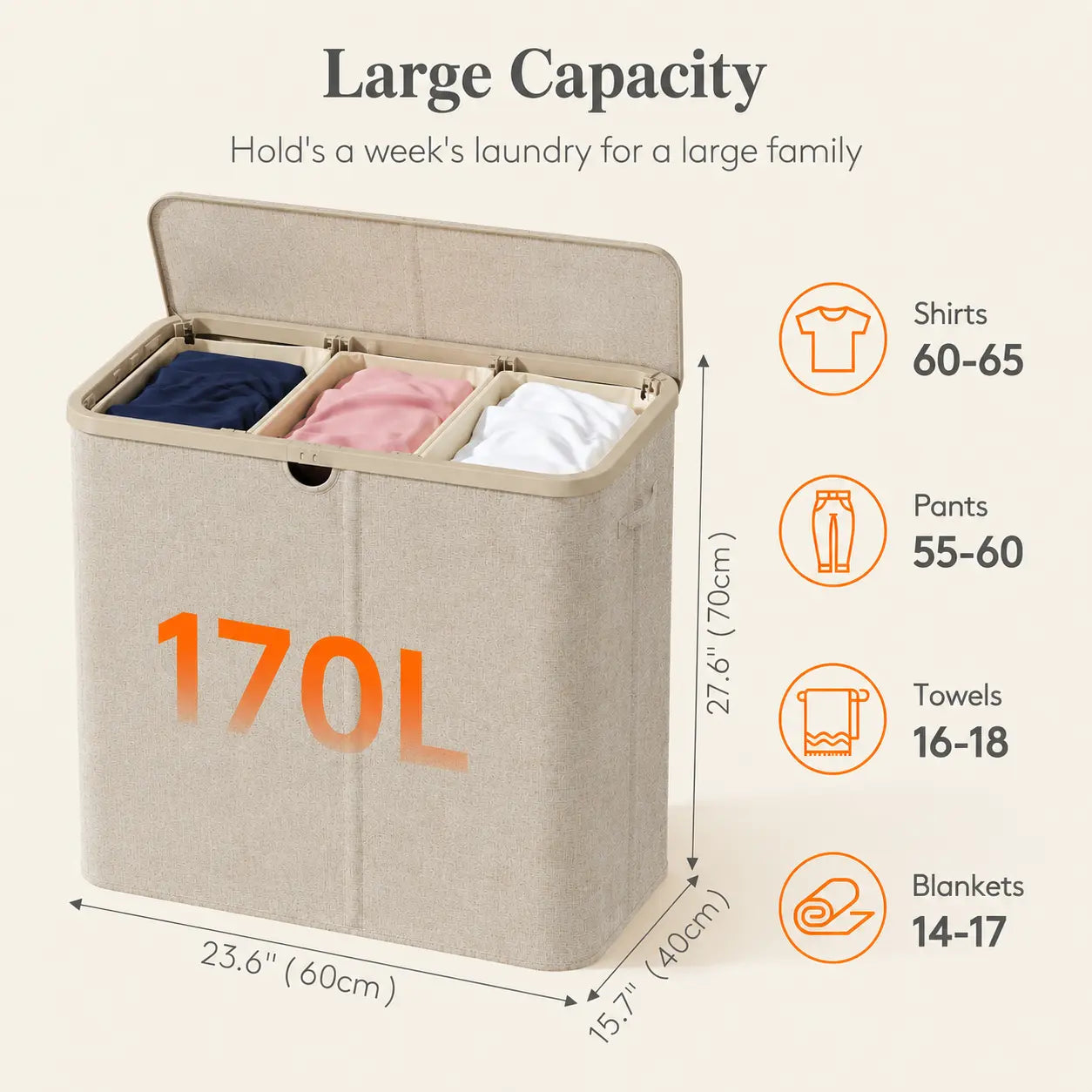 Lifewit Modern Large Laundry Hamper (110L/150L/170L/190L) with Lid, Plastic Handles & Removable Bag, Foldable Tall Basket for Laundry Room, Bedroom, Home Supplies, Laundry Hampers