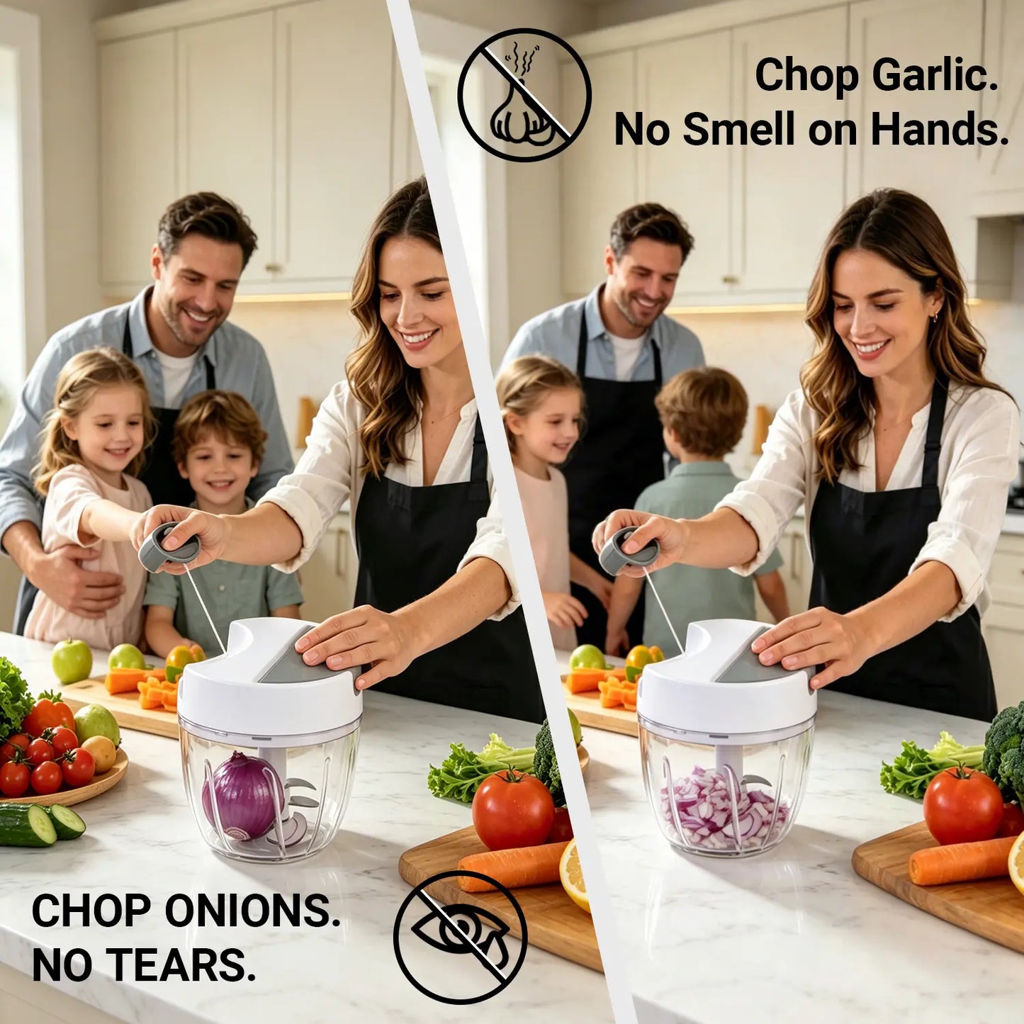 SUSTEAS Manual Food Chopper with Stainless Steel Triple Blade, Portable Vegetable and Herb Cutter, Electric-Free and Washable Onion and Garlic Mincer, Summerwins