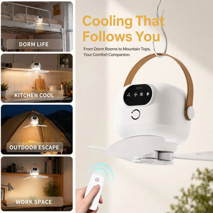 2-in-1 Portable LED Hanging Camping Fan | Rechargeable Quiet Tent Fan with Remote Control, Extended Runtime, 3 Speed Settings, Foldable Design for Outdoor Use, Tents, Patios, Dormitories, and Bedrooms