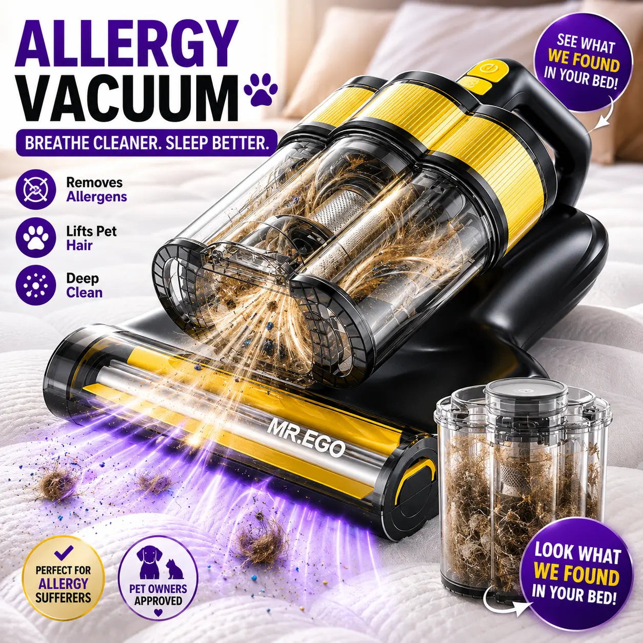 Mr.Ego Cordless Carpet & Upholstery Cleaner, 16Kpa Ultra-Deep Suction Bed Vacuum with LED Digital Mite Display, 2-Speed Bacteria Killer, Dust & Odor Remover for Mattresses, Sofas, Couches, and Rugs#Summerwins #Dealsforyoudays
