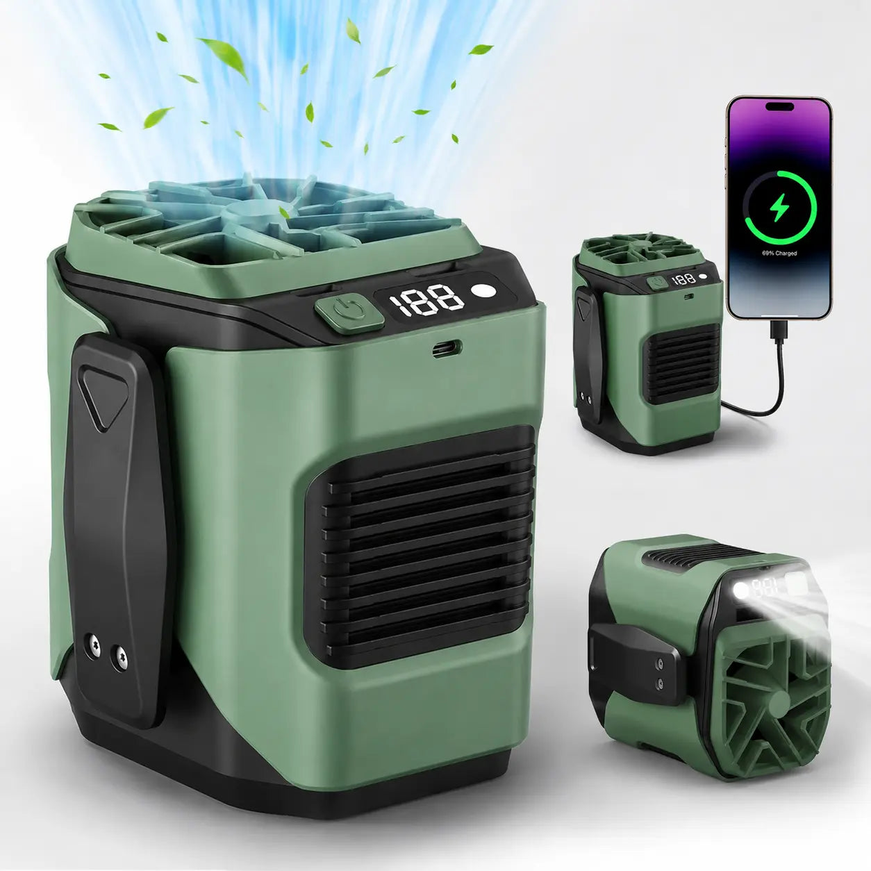 Portable Waist Clip Fan, Rechargeable 5000 Mah Cool Clip Fan, under Shirt Belt Waist Fan with Flashlight & Power Display, Personal Fan for Outdoor, Camping, Jobsite, Travel & Indoor Use
