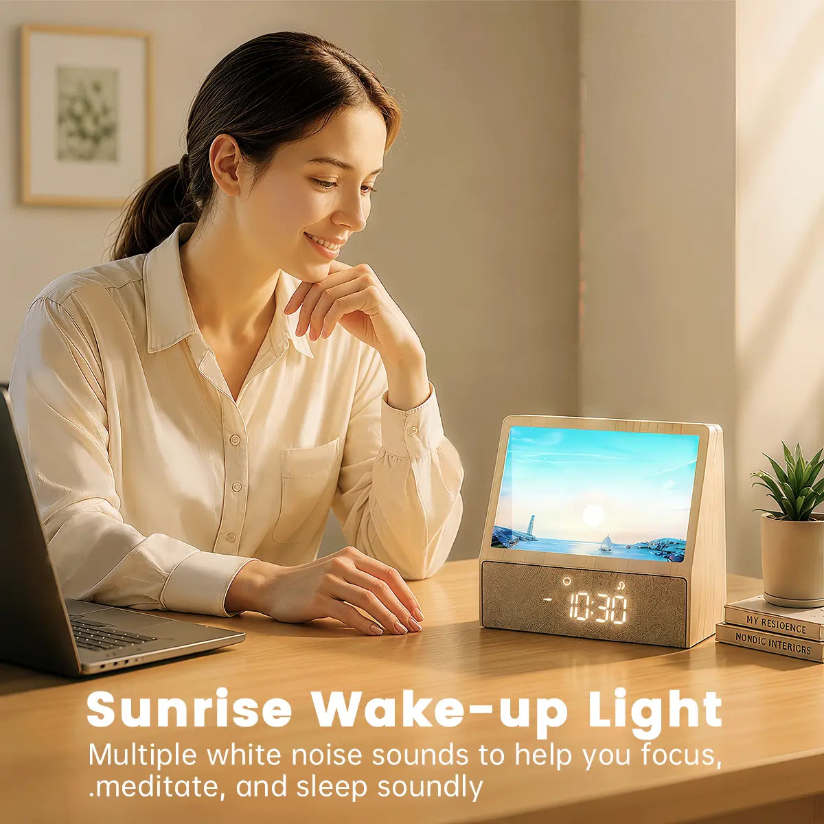 Sunrise Wake-Up Light Clock, Intelligent Sound and Light Wake-Up Light, Containing Various Natural Scene White Noise Modes, Suitable for Sleep and Work, Perfect Holiday Gift.