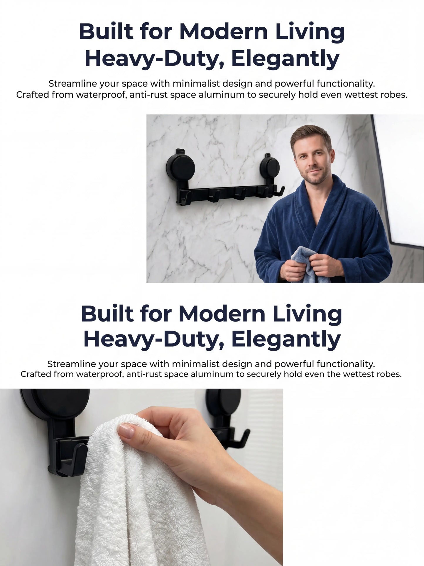 No-Drill 5-Hook Suction Lock Bars Bathroom Towel Rack, Renters-Friendly Damage-Free Shower Wall Hanger, Heavy-Duty Waterproof Rustproof Vacuum Grip Organizer for Towels/Robes on Smooth Tile/Glass Surfaces