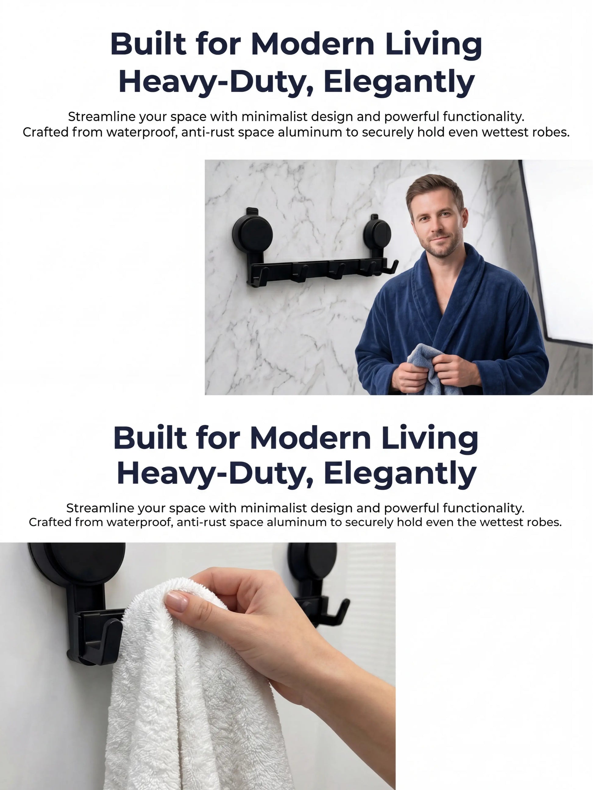 No-Drill 5-Hook Suction Lock Bars Bathroom Towel Rack, Renters-Friendly Damage-Free Shower Wall Hanger, Heavy-Duty Waterproof Rustproof Vacuum Grip Organizer for Towels/Robes on Smooth Tile/Glass Surfaces