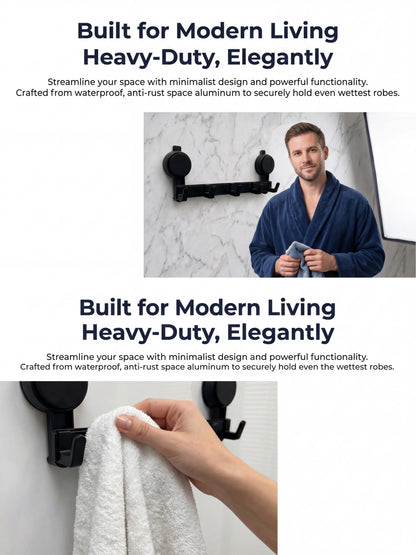 No-Drill 5-Hook Suction Lock Bars Bathroom Towel Rack, Renters-Friendly Damage-Free Shower Wall Hanger, Heavy-Duty Waterproof Rustproof Vacuum Grip Organizer for Towels/Robes on Smooth Tile/Glass Surfaces